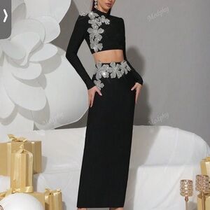 Elegant Black and Silver Women's co ord Skirt set rhinestone flowers